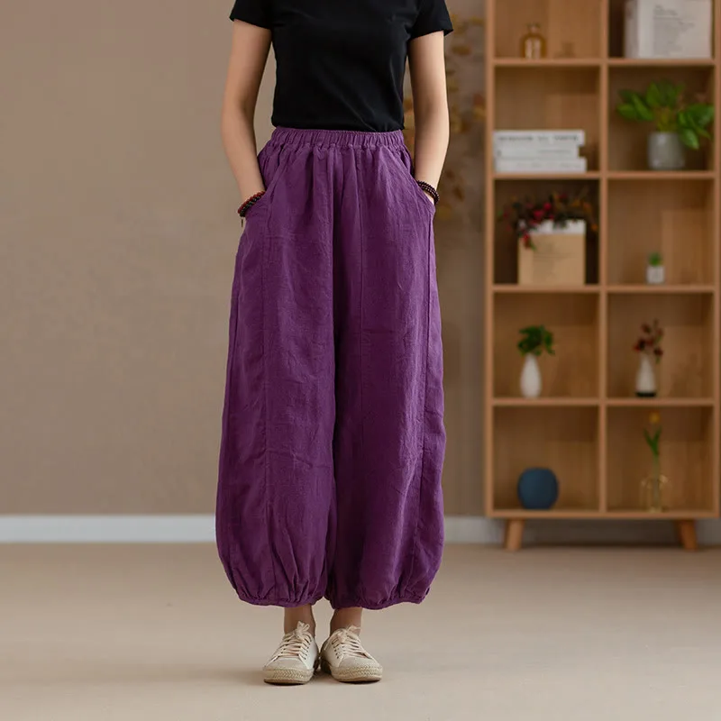 Mythstone Ramie Linen Flexible Waistband Yoga Harem Pants With Pockets - Image 7