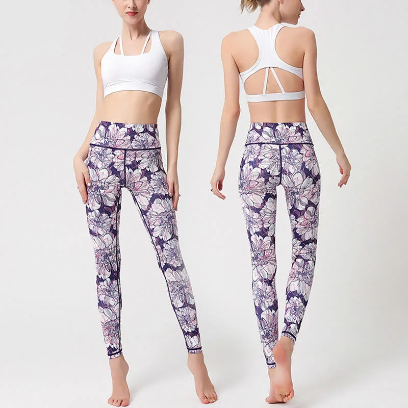 Mythstone Colorful Flower Petal Leaves Print Sports Exercise Fitness High Waist Leggings Women's Yoga Pants - Image 8