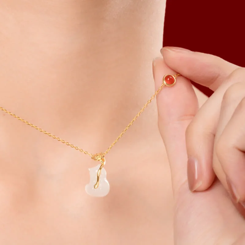 Mythstone 925 Sterling Silver Plated 18K Gold Hetian Jade Ruyi Cat Cinnabar Luck Bracelet Necklace Pendant Set - Image 6