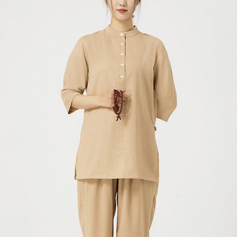 Mythstone 2Pcs Solid Color Three Quarter Shirt Top Pants Meditation Zen Tai Chi Cotton Linen Clothing Women's Set - Image 22