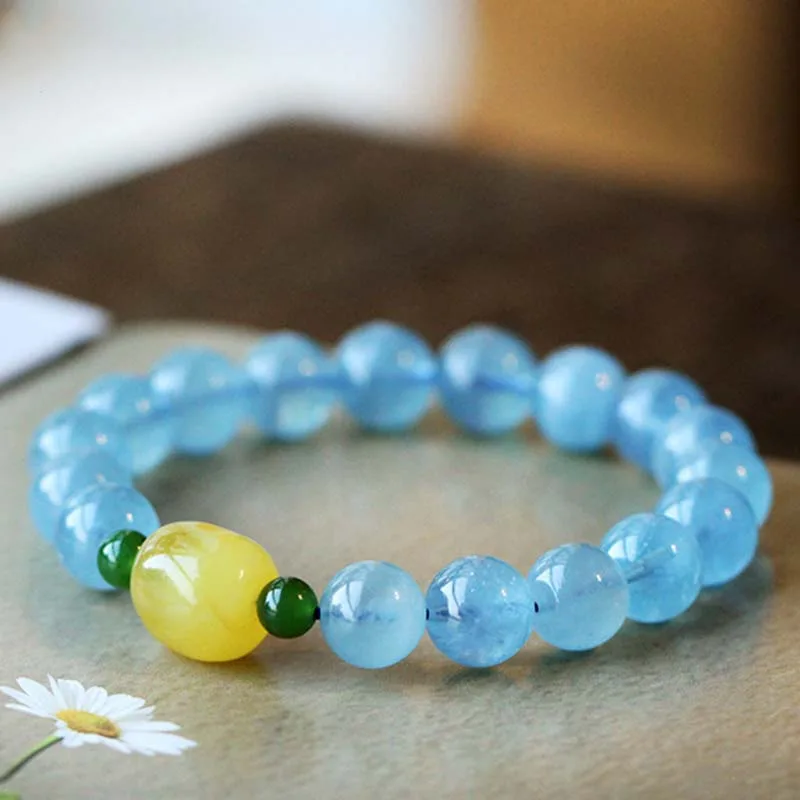 Natural Aquamarine Amber Beads Serenity Healing Bracelet - Image 7