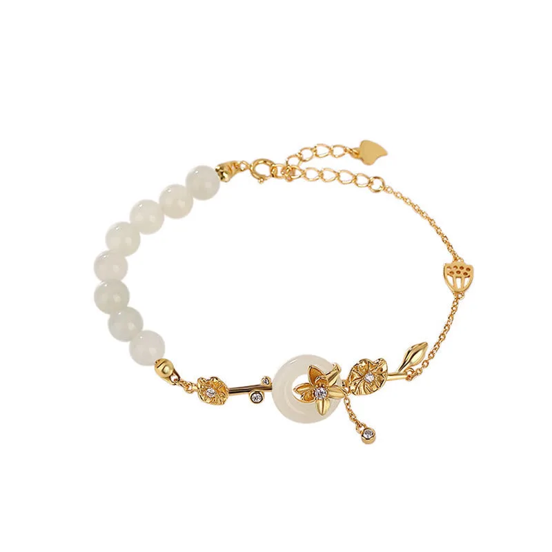 Mythstone 925 Sterling Silver Hetian Jade Peace Buckle Lotus Luck Chain Bracelet - Image 6