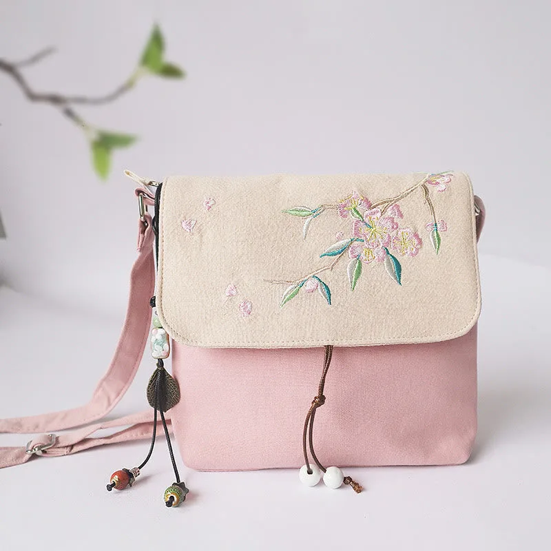 Mythstone Handmade Embroidered Plum Flowers Canvas Crossbody Bag Shoulder Bag Handbag - Image 8