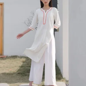 Mythstone 2Pcs V-neck Embroidery Yoga Clothing Zen Meditation Cotton Linen Top Pants Women's Set