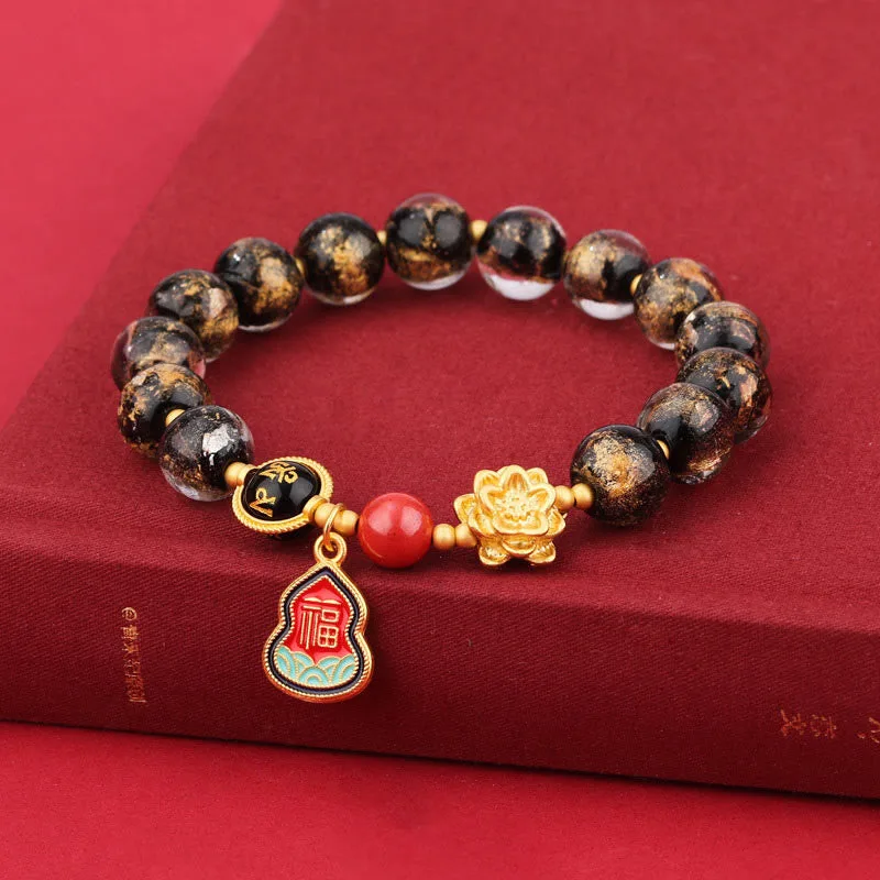 Mythstone Tibet Om Mani Padme Hum Fu Character Gourd Charm Lotus Liuli Glass Bead Luck Bracelet - Image 2