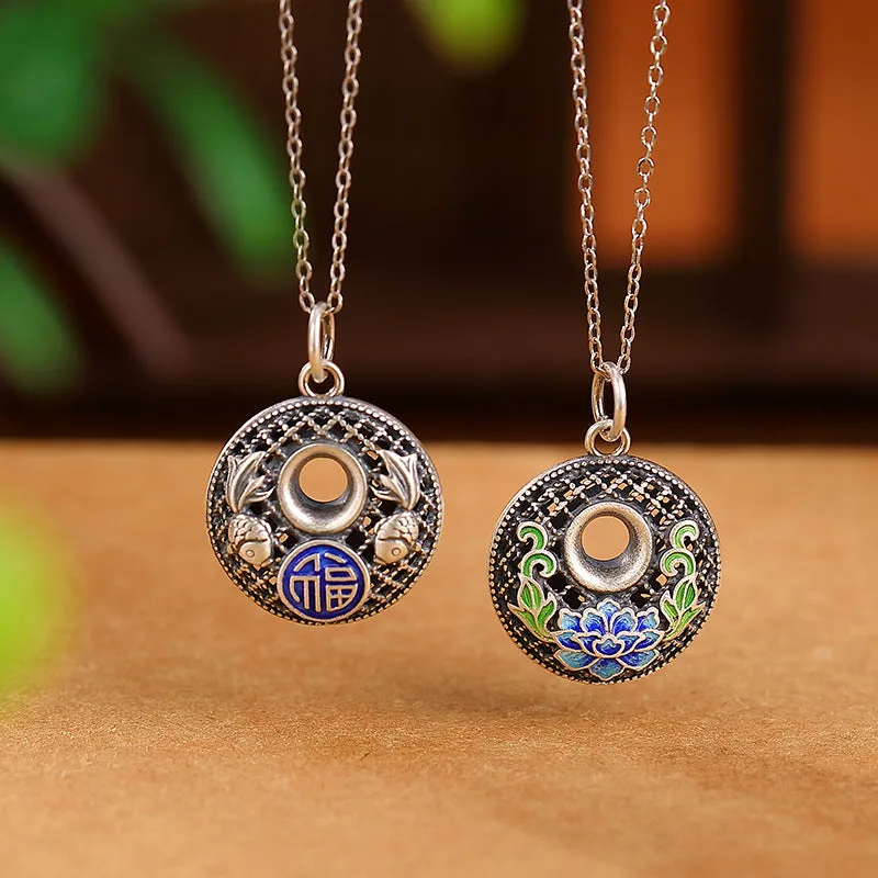 Mythstone - 999 Sterling Silver Koi Fish Fu Character Lotus Peace Buckle Wealth Necklace Pendant