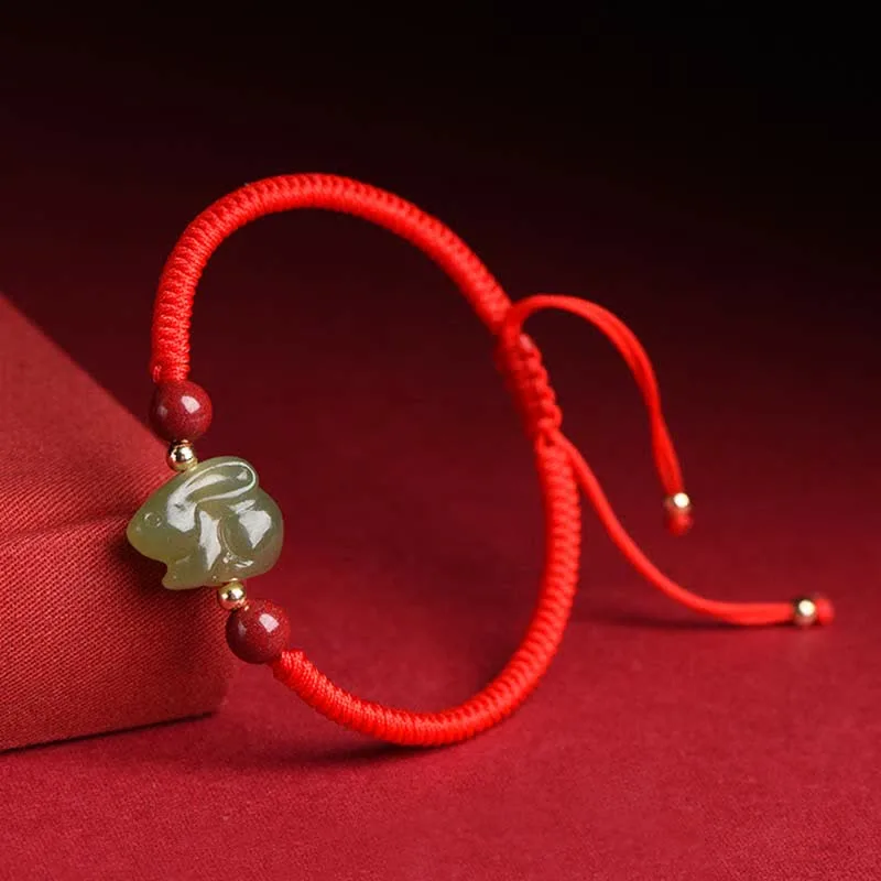 Year of the Rabbit Hetian Jade Bunny Cinnabar Beaded Abundance String Bracelet - Image 6