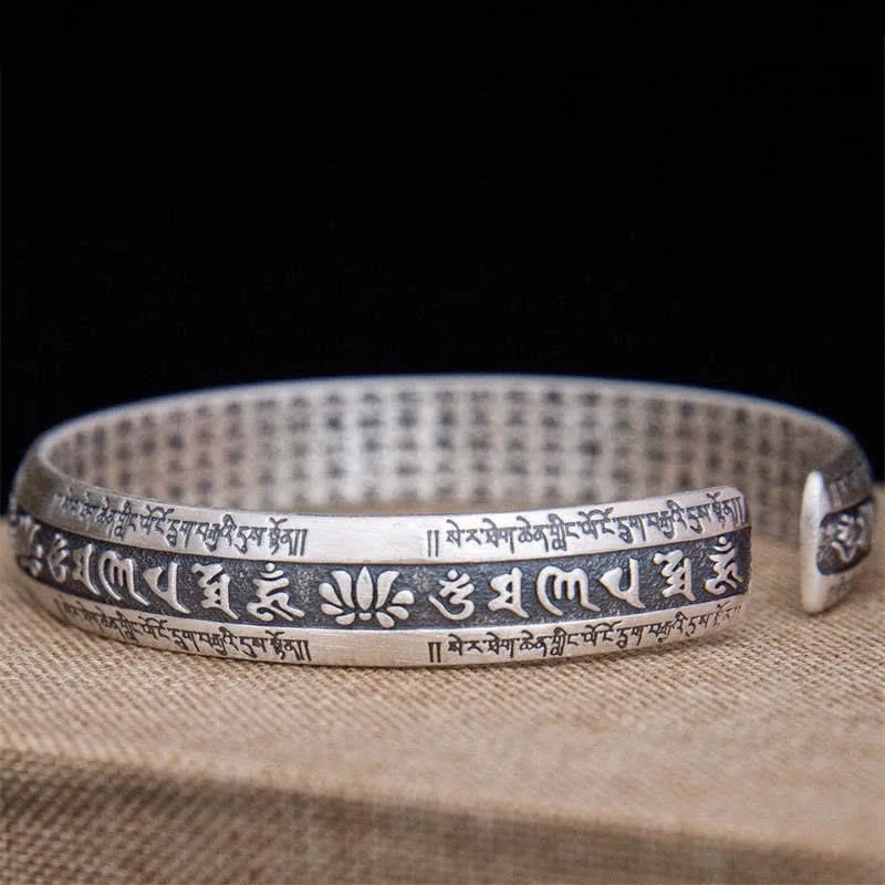 Mythstone Om Mani Padme Hum Heart Sutra Mantra Lotus Peace Meditation Cuff Bracelet Bangle - Image 12