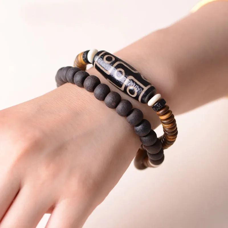 Mythstone Tibetan Nine-Eye Dzi Bead Green Sandalwood Ebony Wood Peace Double Wrap Bracelet - Image 12