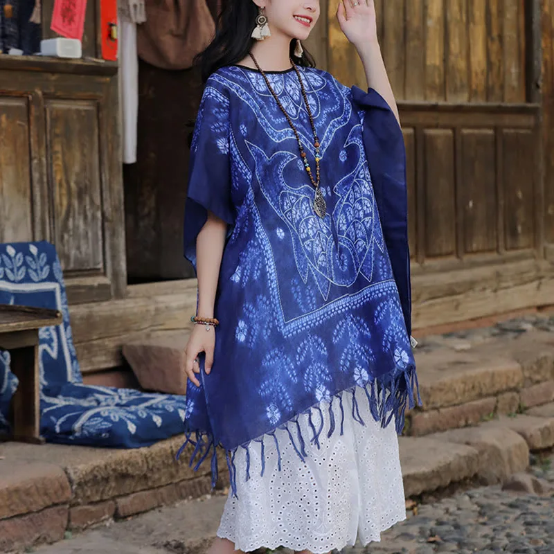 Mythstone Blue Tie Dye Koi Fish Shawl Tassels Soft Travel Pullover 90*95cm - Image 3