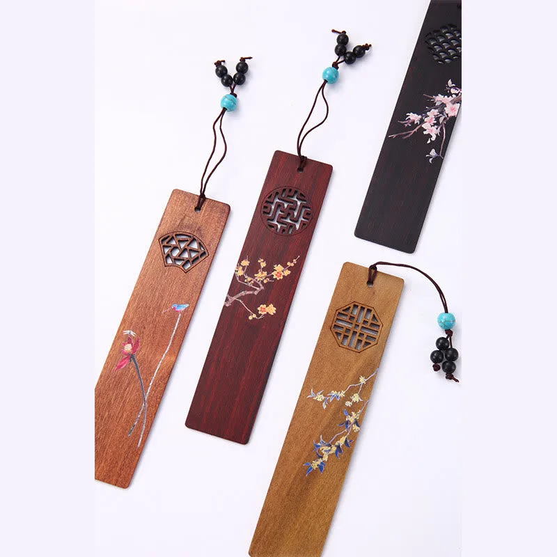 Mythstone 4Pcs Four Seasons Plum Orchid Bamboo Chrysanthemum Peking Opera Mask Wood Bookmarks With Gift Box - Image 13