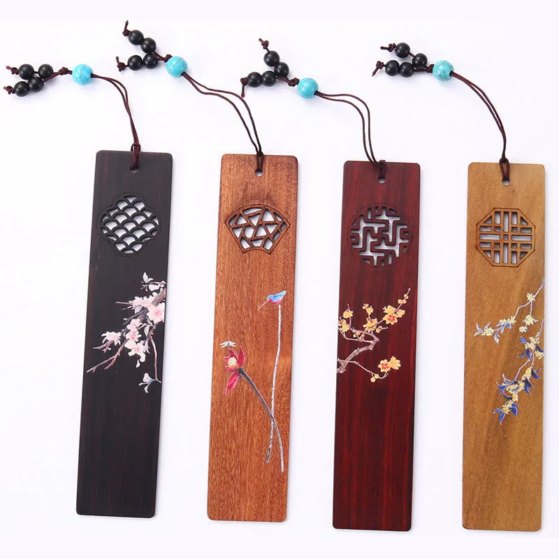 Mythstone 4Pcs Four Seasons Plum Orchid Bamboo Chrysanthemum Peking Opera Mask Wood Bookmarks With Gift Box - Image 14
