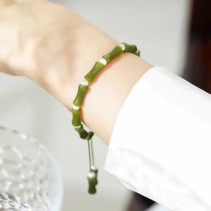 Mythstone Natural Peridot Bamboo Pattern Love Peace Bracelet