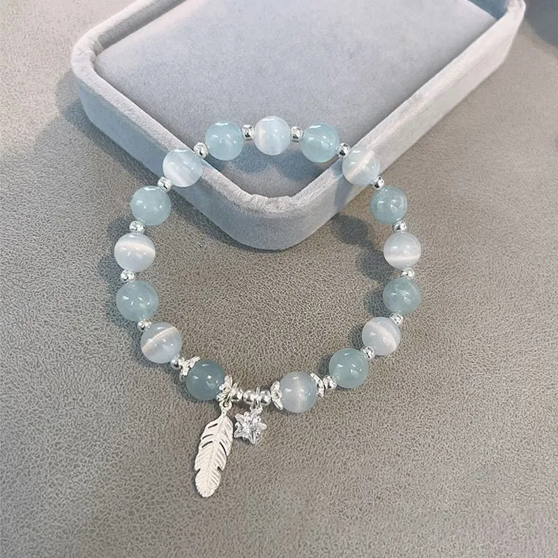 Mythstone 925 Sterling Silver Aquamarine Cat's Eye Healing Feather Star Charm Bracelet - Image 3