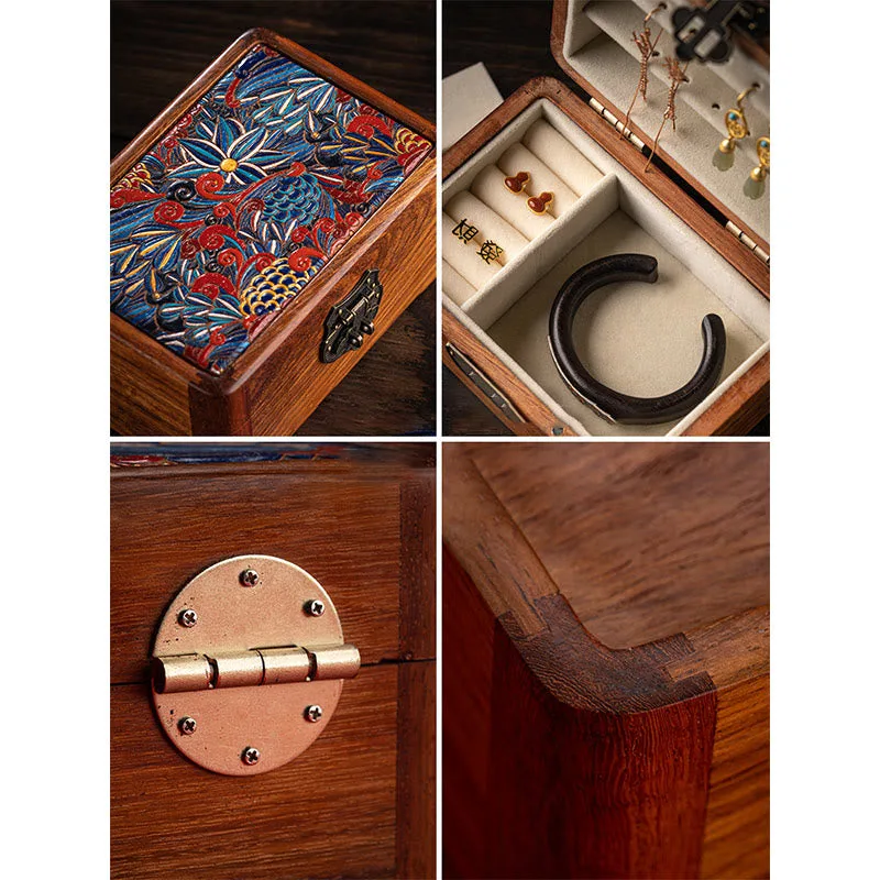Mythstone Retro Handmade Floral Pattern Rosewood Jewelry Storage Box Lockable Wooden Gift Organizer Box - Image 5