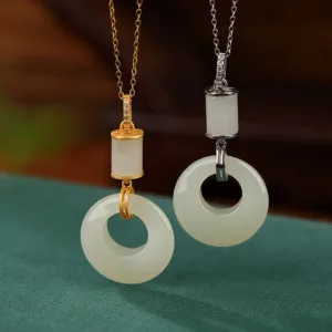 Mythstone 925 Sterling Silver White Jade Peace Buckle Happiness Necklace Pendant