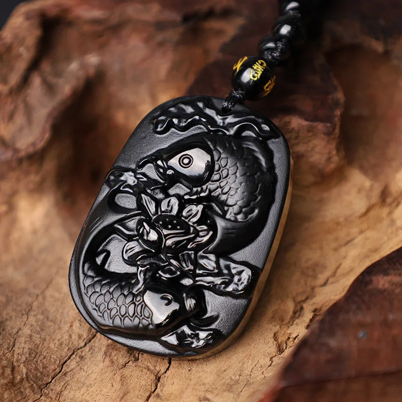 Mythstone - Natural Black Obsidian Koi Fish Lotus Strength Beaded Necklace Pendant - Image 6