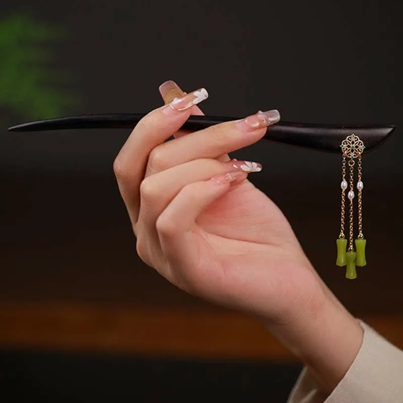 Mythstone Natural Peridot Ebony Wood Love Tassels Hairpin - Image 3