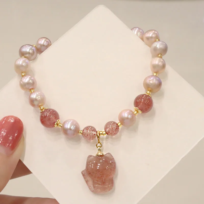 Mythstone Natural Pearl Strawberry Quartz Cute Fox Love Healing Charm Bracelet - Image 3