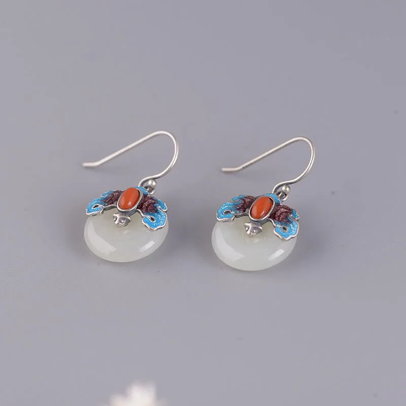 Mythstone 925 Sterling Silver Hetian Jade Red Agate Bat Prosperity Ring Earrings Set - Image 15