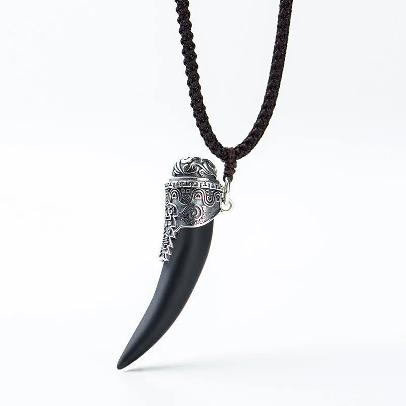 Mythstone 925 Sterling Silver Black Obsidian Wolf Tooth Pattern Strength Necklace Pendant - Image 14