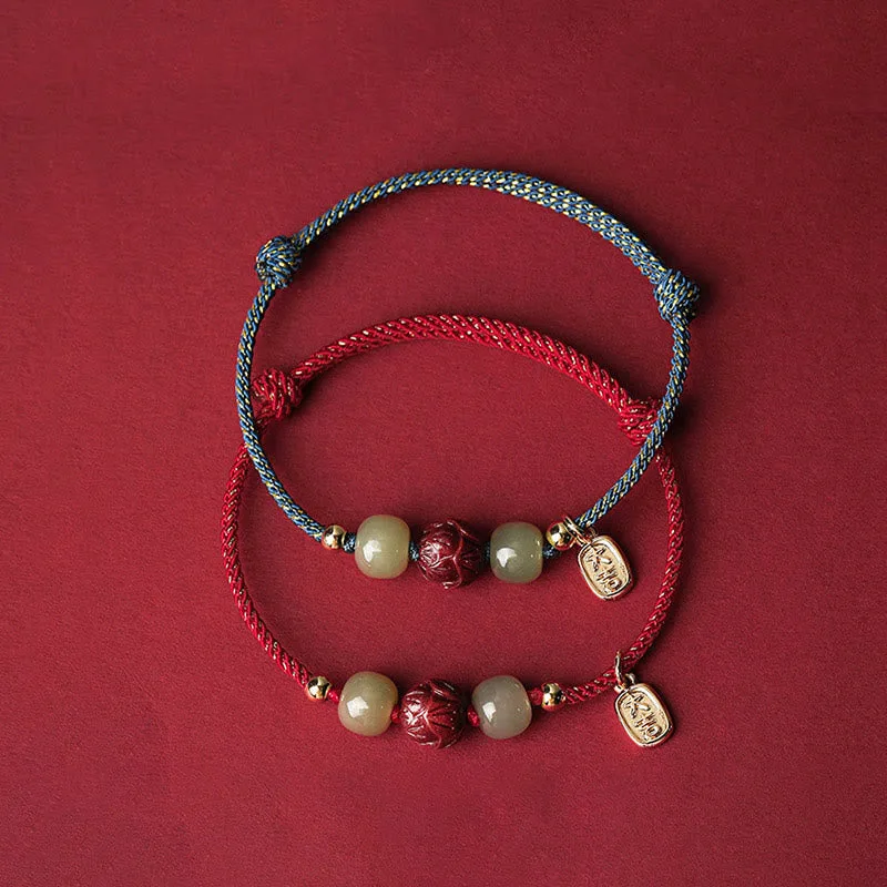 Mythstone 14K Gold Plated Hetian Jade Cinnabar Lotus Luck Handcrafted Rope Bracelet - Image 3