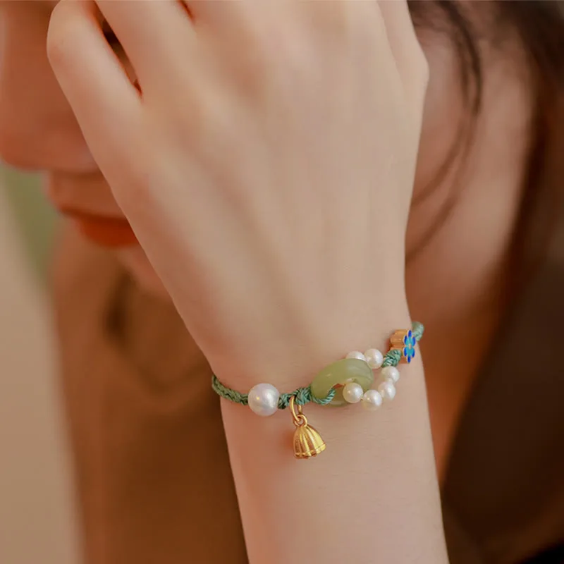 Mythstone Natural Hetian Jade Peace Buckle Pearl Luck Handcrafted Braided Bracelet - Image 10