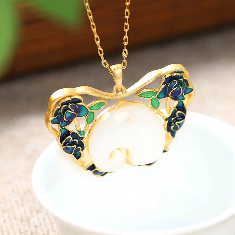 Mythstone White Jade Elephant Butterfly Lotus Success Necklace Chain Pendant - Image 3