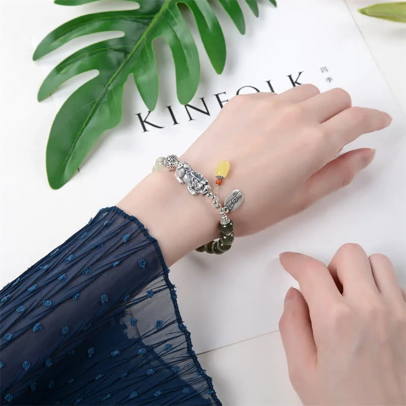 Mythstone 925 Sterling Silver Natural Hetian Jade Amber PiXiu Luck Bracelet - Image 3