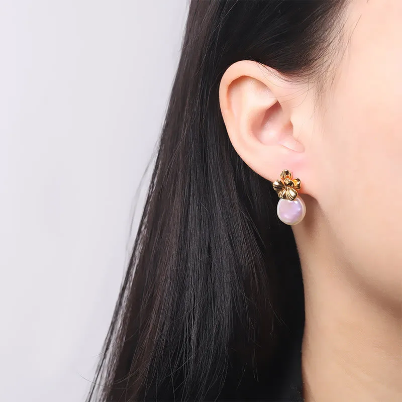 Mythstone 925 Sterling Silver Natural Baroque Pearl Flower Healing Drop Earrings - Image 8