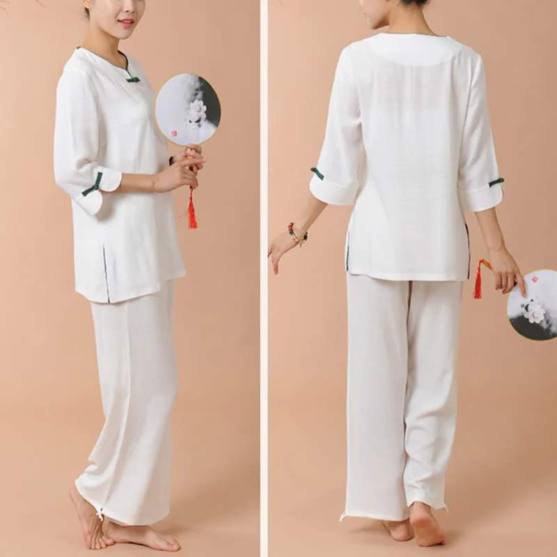 Mythstone 2Pcs Frog-Button Three Quarter Sleeve Shirt Top Pants Meditation Zen Tai Chi Linen Clothing Women's Set - Image 2
