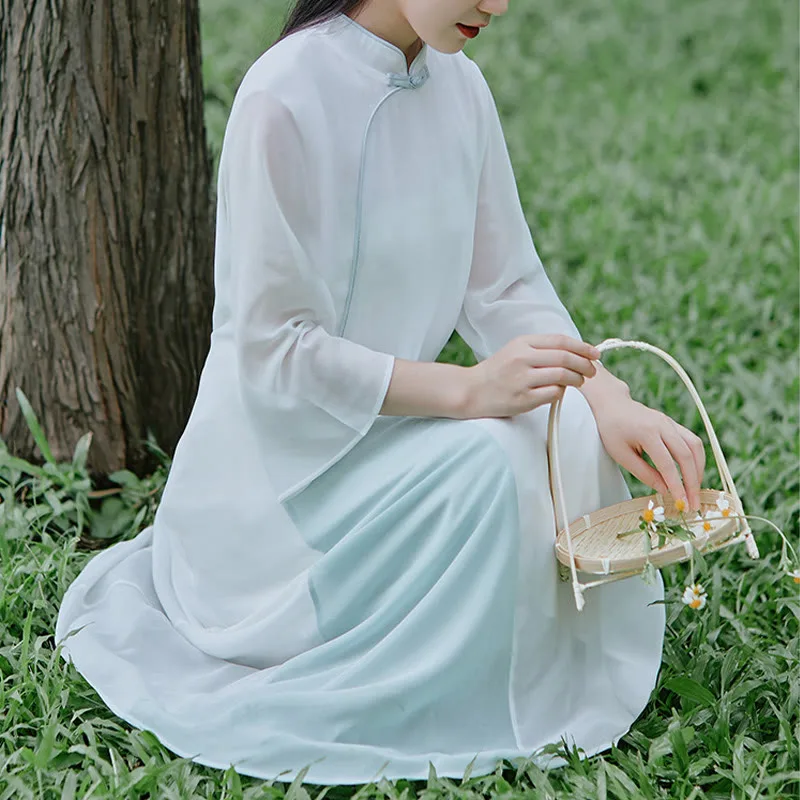 Mythstone Three Quarter Sleeve Chiffon Cheongsam Midi Dress Wide Leg Pants Meditation Zen Practice Clothing - Image 5