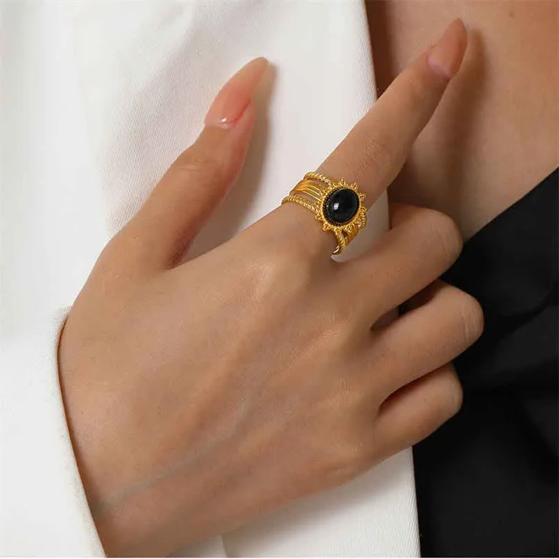 Mythstone 18K Gold Plated Black Obsidian Titanium Steel Strength Ring - Image 2