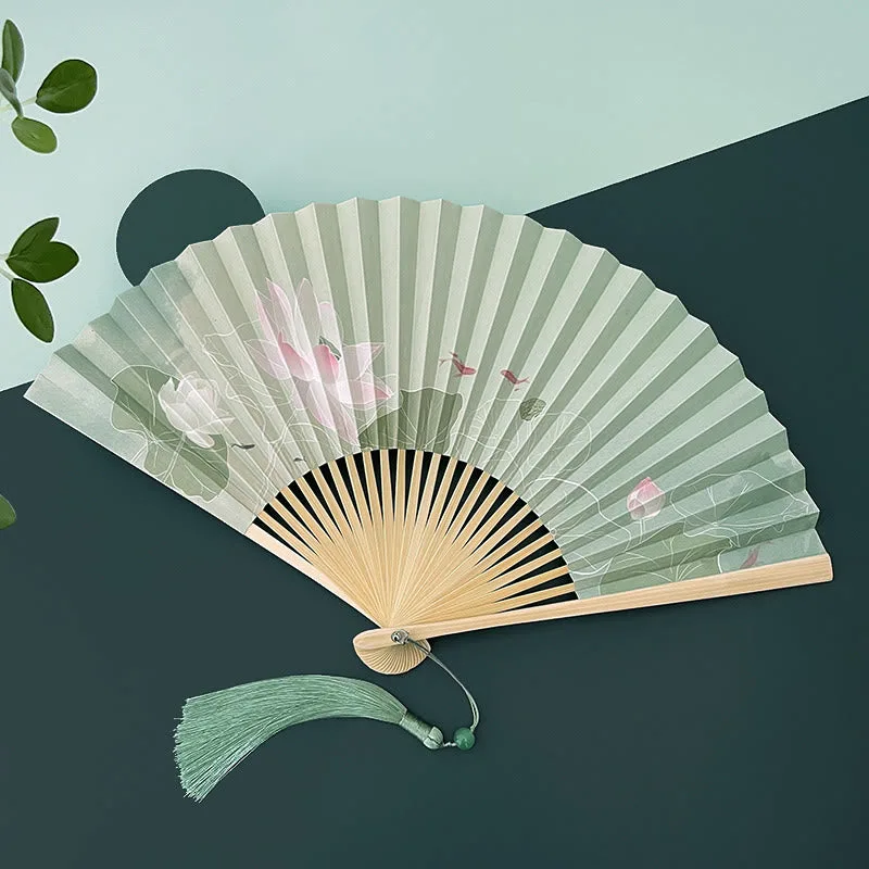 Mythstone Lotus Flowers Leaf Koi Fish Handheld Paper Bamboo Folding Fan - Image 2