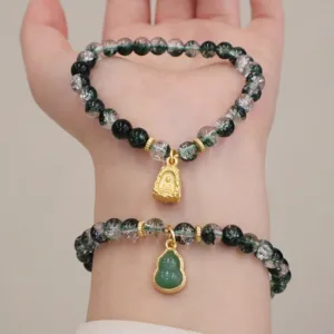 Mythstone Natural Green Phantom Confidence Gourd Buddha Charm Bracelet