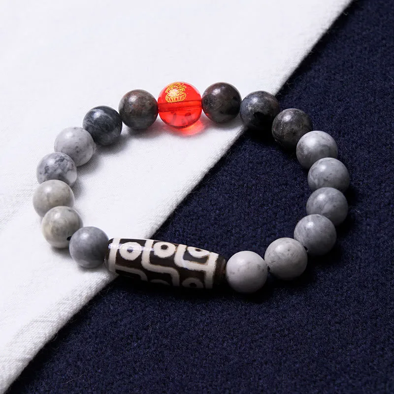 Mythstone Tibetan Nine-Eye Dzi Bead Picasso Jasper Positive Bracelet - Image 3
