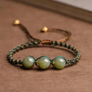 Mythstone Handmade Rope Luck Three Jade Bead Abundance Bracelet