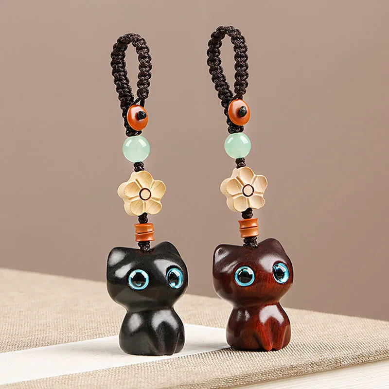 Mythstone Mini Small Leaf Red Sandalwood Ebony Wood Lucky Cat Lovely Kitty Peace Key Chain Phone Hanging Decoration - Image 12