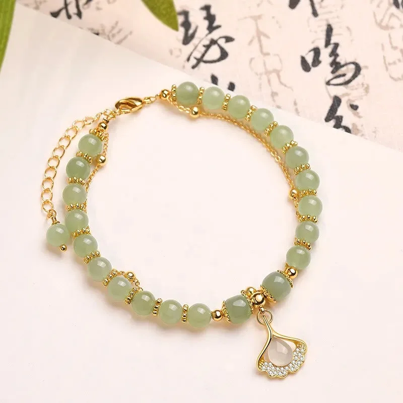 Mythstone Jade Leaf Ginkgo Tulip Peanut Fu Character Luck Beaded Bracelet - Image 10