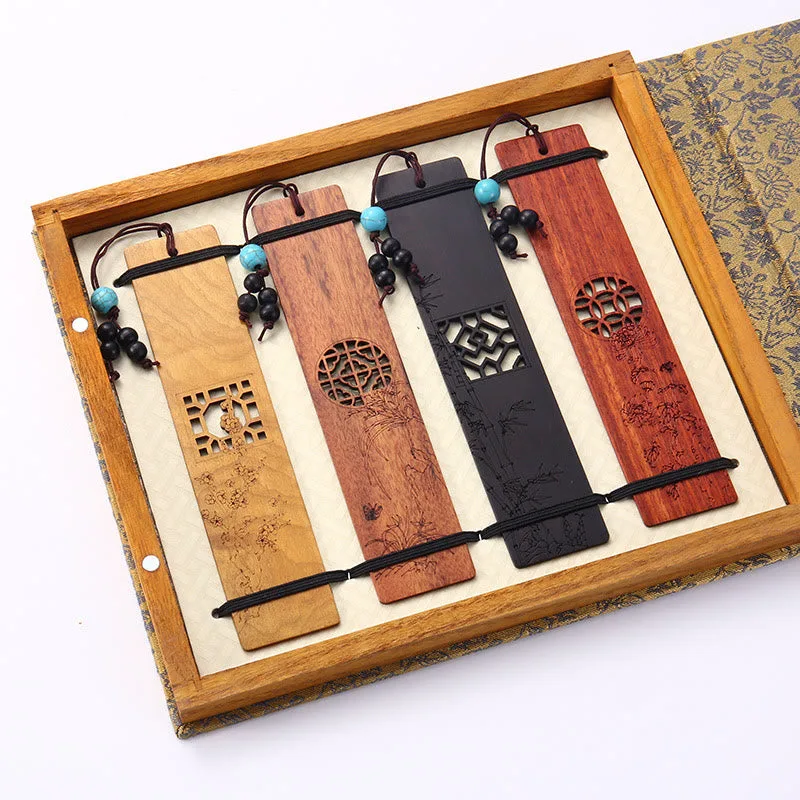 Mythstone 4Pcs Four Seasons Plum Orchid Bamboo Chrysanthemum Peking Opera Mask Wood Bookmarks With Gift Box - Image 18