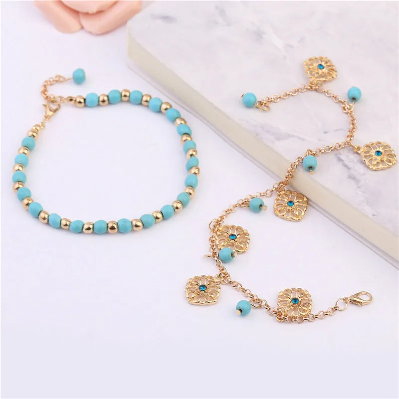 Mythstone 2Pcs Turquoise Stone Flower Protection Bracelet Anklet - Image 2