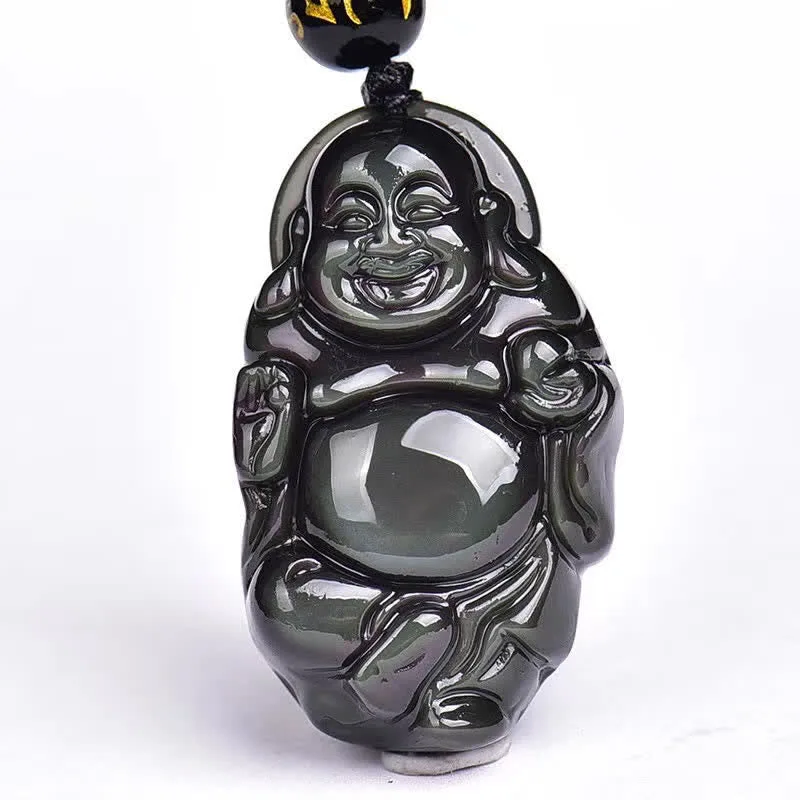 Natural Rainbow Obsidian Laughing Buddha Inner Peace Necklace Pendant - Image 14