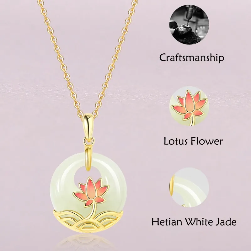 Mythstone 925 Sterling Silver Hetian White Jade Lotus Flower Blessing Necklace Pendant - Image 7