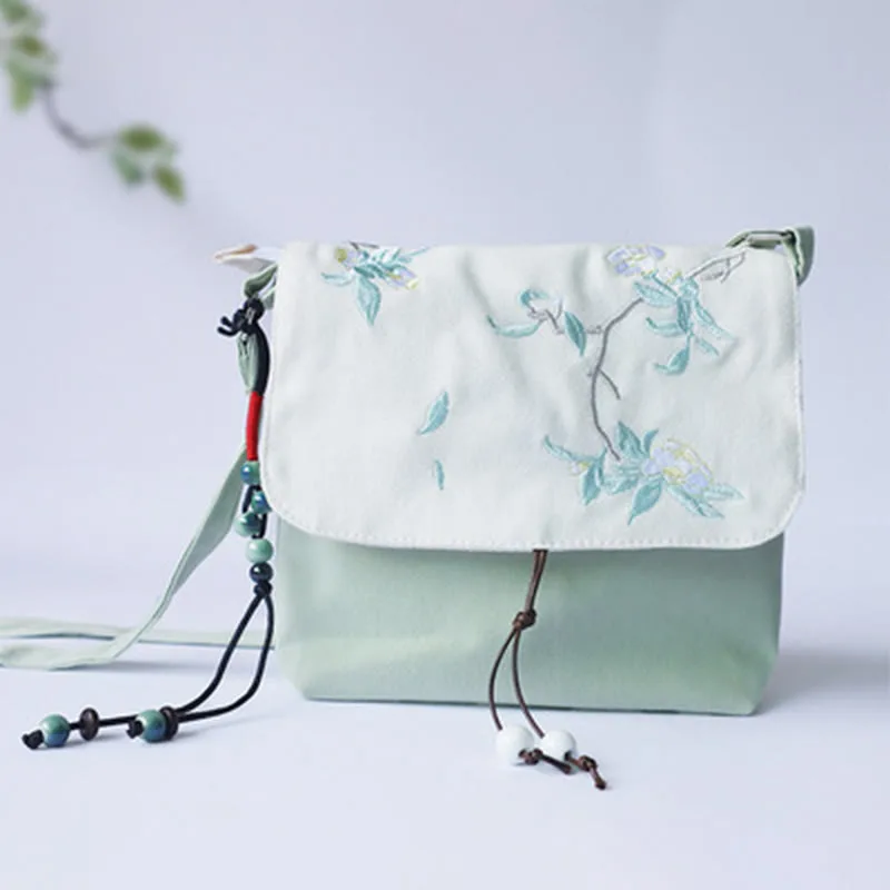 Mythstone Handmade Embroidered Plum Flowers Canvas Crossbody Bag Shoulder Bag Handbag - Image 6