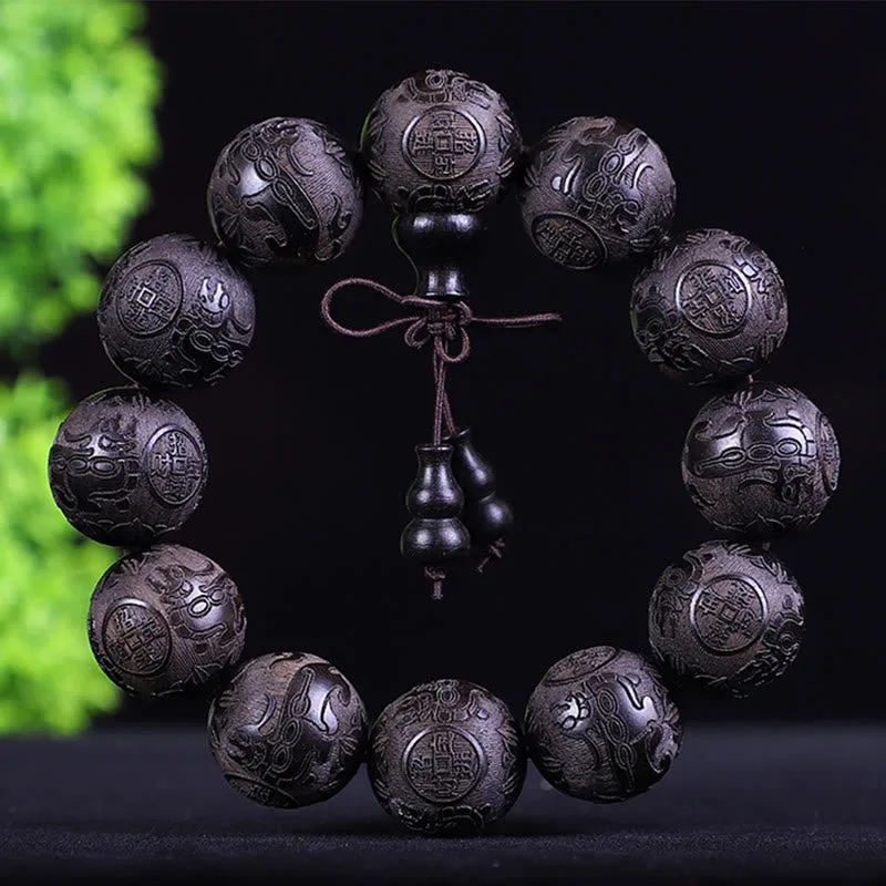 Mythstone Chinese Zodiac Rosewood Ebony Boxwood Copper Coin PiXiu Carved Warmth Bracelet - Image 4