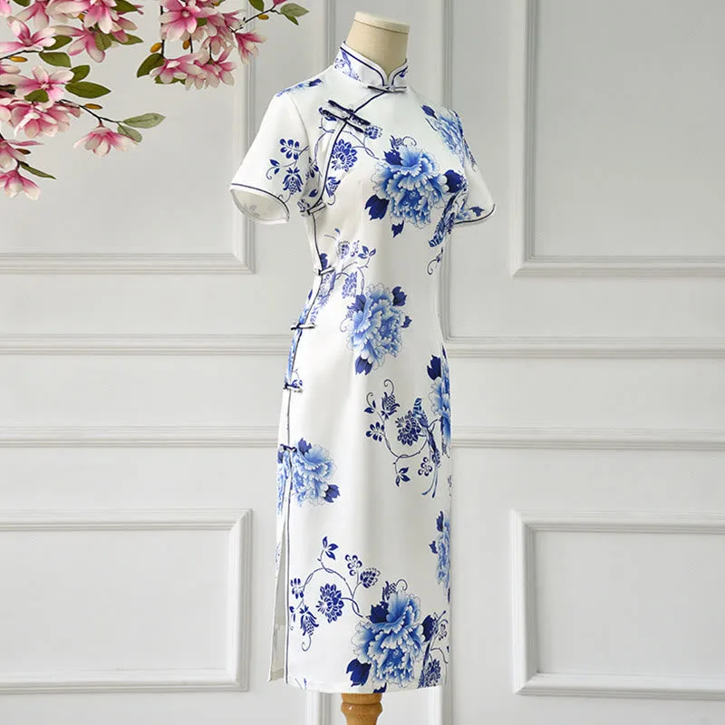 Mythstone Blue And White Porcelain Color Peony Flower Pattern Cheongsam Dress Women's Qipao Dress - Image 2
