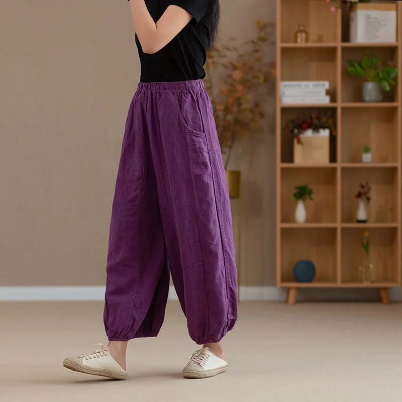 Mythstone Ramie Linen Flexible Waistband Yoga Harem Pants With Pockets - Image 4