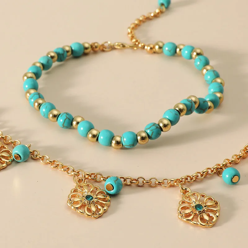 Mythstone 2Pcs Turquoise Stone Flower Protection Bracelet Anklet - Image 4