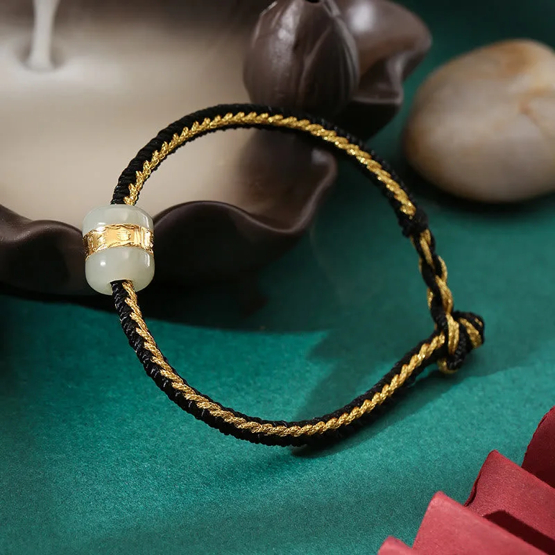 Mythstone 999 Gold Hetian White Jade Om Mani Padme Hum Fu Character Luck Braided Bracelet - Image 9
