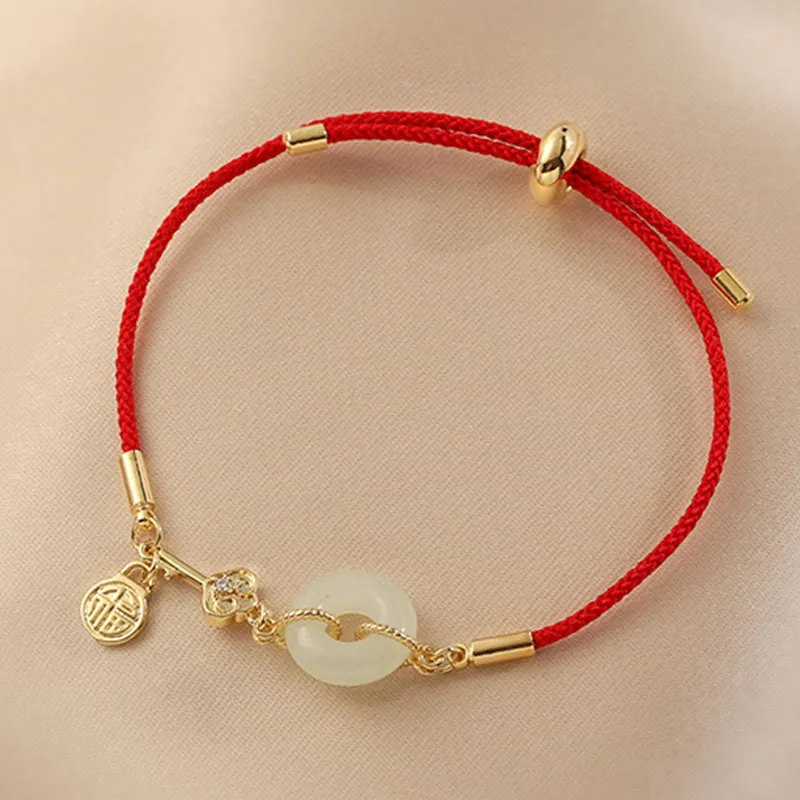 Mythstone 18K Gold Plated Hetian Jade Peace Buckle Fu Character Luck Red Rope Bracelet - Image 11